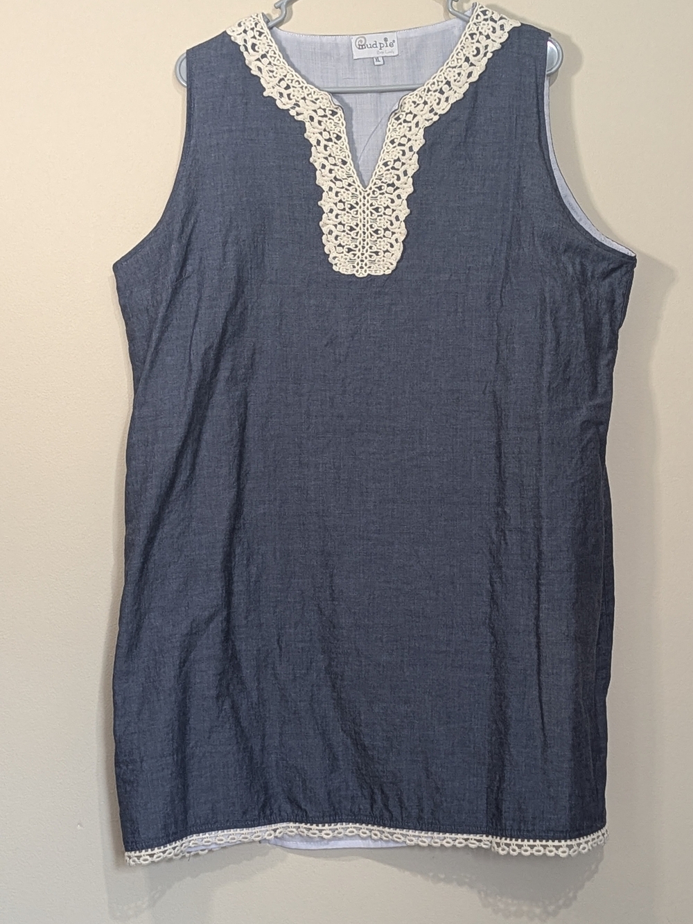 Mud Pie Women’s XL Chambray Dress Crochet Lace Sleeveless Boho Knee Length